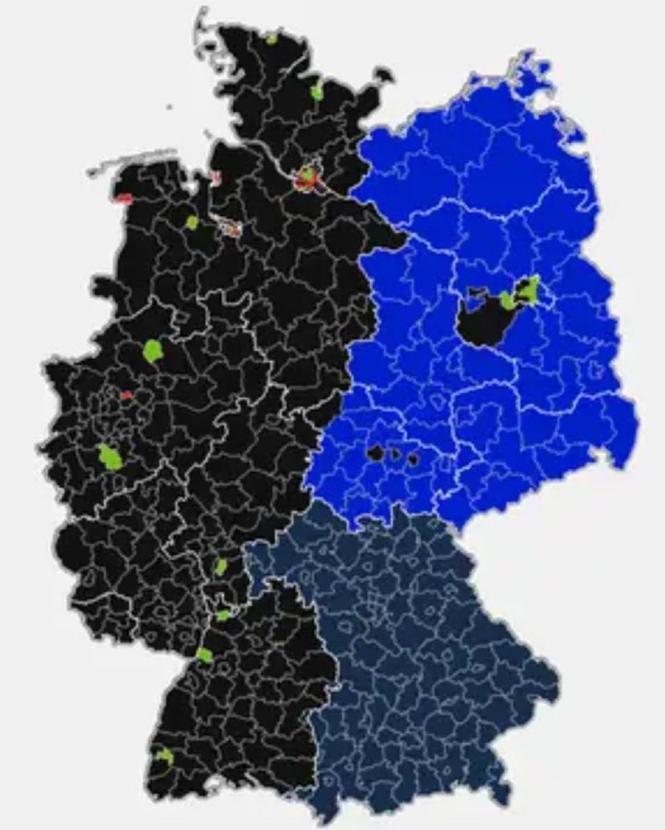 AJWTheology's tweet photo. The map on the left shows how Germany voted (blue is the far right AfD). The map on the right shows biggest religion by district (blue is no religion).

Post-Christians: be careful what you wish for. https://t.co/PaICsBi8cu