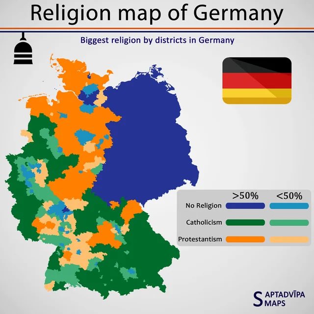 AJWTheology's tweet photo. The map on the left shows how Germany voted (blue is the far right AfD). The map on the right shows biggest religion by district (blue is no religion).

Post-Christians: be careful what you wish for. https://t.co/PaICsBi8cu