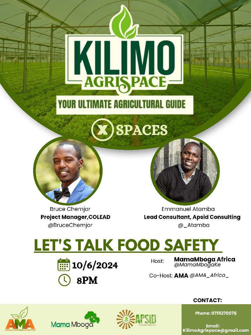 Bruce Chemjor 🇰🇪 (@brucechemjor) on Twitter photo Excited to share about our talk on Food Safety this evening on KilimoAgrispace where@_Atamba and I will be sharing on matters food safety.Join us for an evening of insightful discussions#KilimoAgrispace#Foodsafety@_Atamba <a href="/Pierra_Nyaruai/">Nyaruai</a> <a href="/AMA_Africa_/">Agriculture Made Attractive</a> <a href="/SarahWNjoroge/">Salimo wa Kilimo</a> <a href="/Chero_Sharon/">Sharon Cherobon</a> Excited to share about our talk on Food Safety this evening on KilimoAgrispace where@_Atamba and I will be sharing on matters food safety.Join us for an evening of insightful discussions#KilimoAgrispace#Foodsafety@_Atamba <a href="/Pierra_Nyaruai/">Nyaruai</a> <a href="/AMA_Africa_/">Agriculture Made Attractive</a> <a href="/SarahWNjoroge/">Salimo wa Kilimo</a> <a href="/Chero_Sharon/">Sharon Cherobon</a>