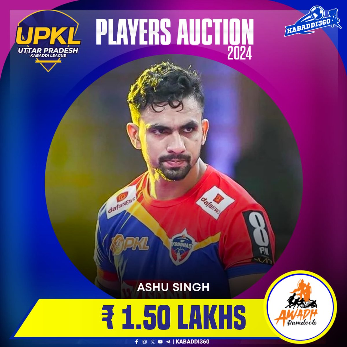 Kabaddi_360's tweet photo. Handy right cover Ashu Singh is sold to Awadh Ramdoots 
.
.
.
.
#UPKL #Ashusingh
#uttarpradeshkabaddi 
#upklauction 
#kabaddi360 https://t.co/5StlSleXR8