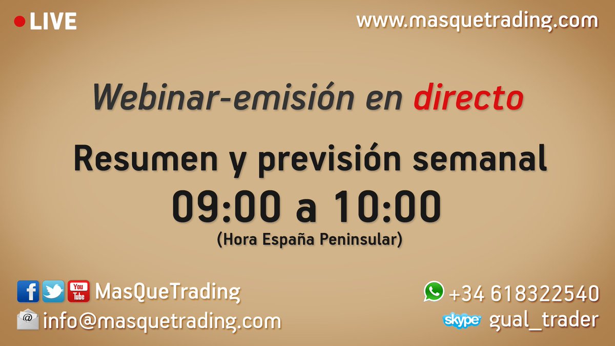 MasQueTrading's tweet photo. Webinar-Emisión resumen y previsión semanal en directo gratuito de 9.00-10.00 de múltiples mercados. https://t.co/VC6mTmTMzS  @NTEcosystem @NinjaTrader #Bolsa #futuros #índices #divisas #cripto #masquetrading #dólar #euro #forex #Mini_SP500 #Mini_Nasdaq #Mini_Dow #dax #bund https://t.co/aZcNeUOIEp