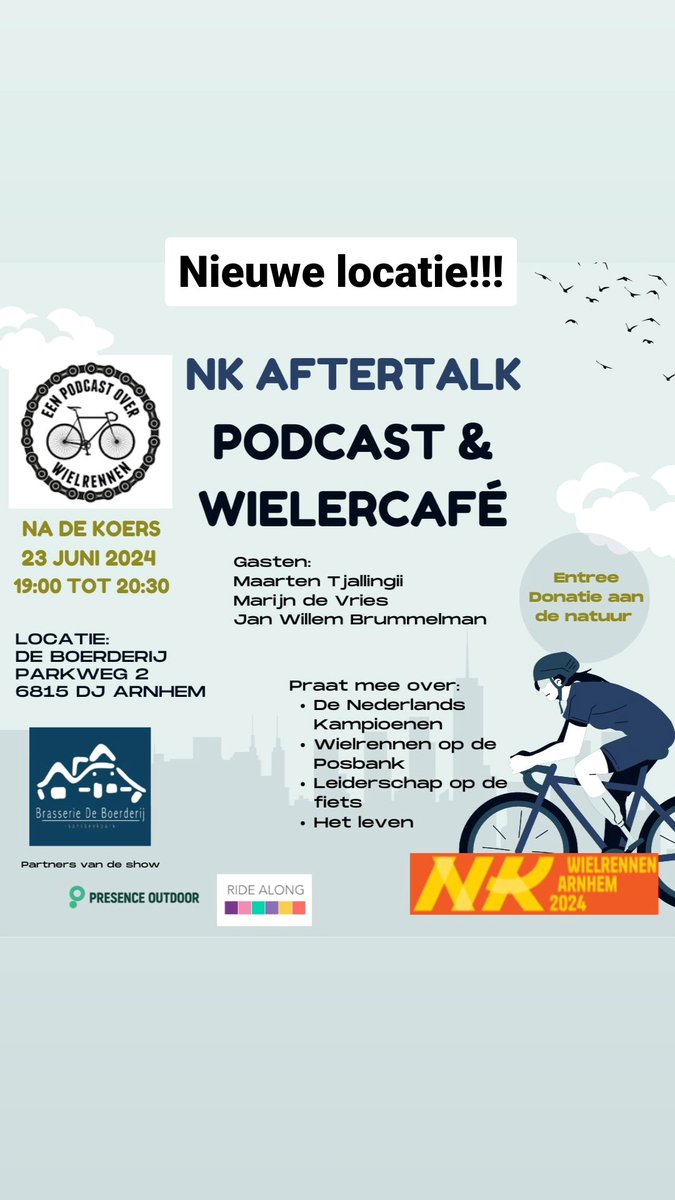 Nieuwe locatie!

Brasserie de Boerderij Arnhem.

Praten over koers, koersen, wielrennen en alles wat daarbij komt kijken.
