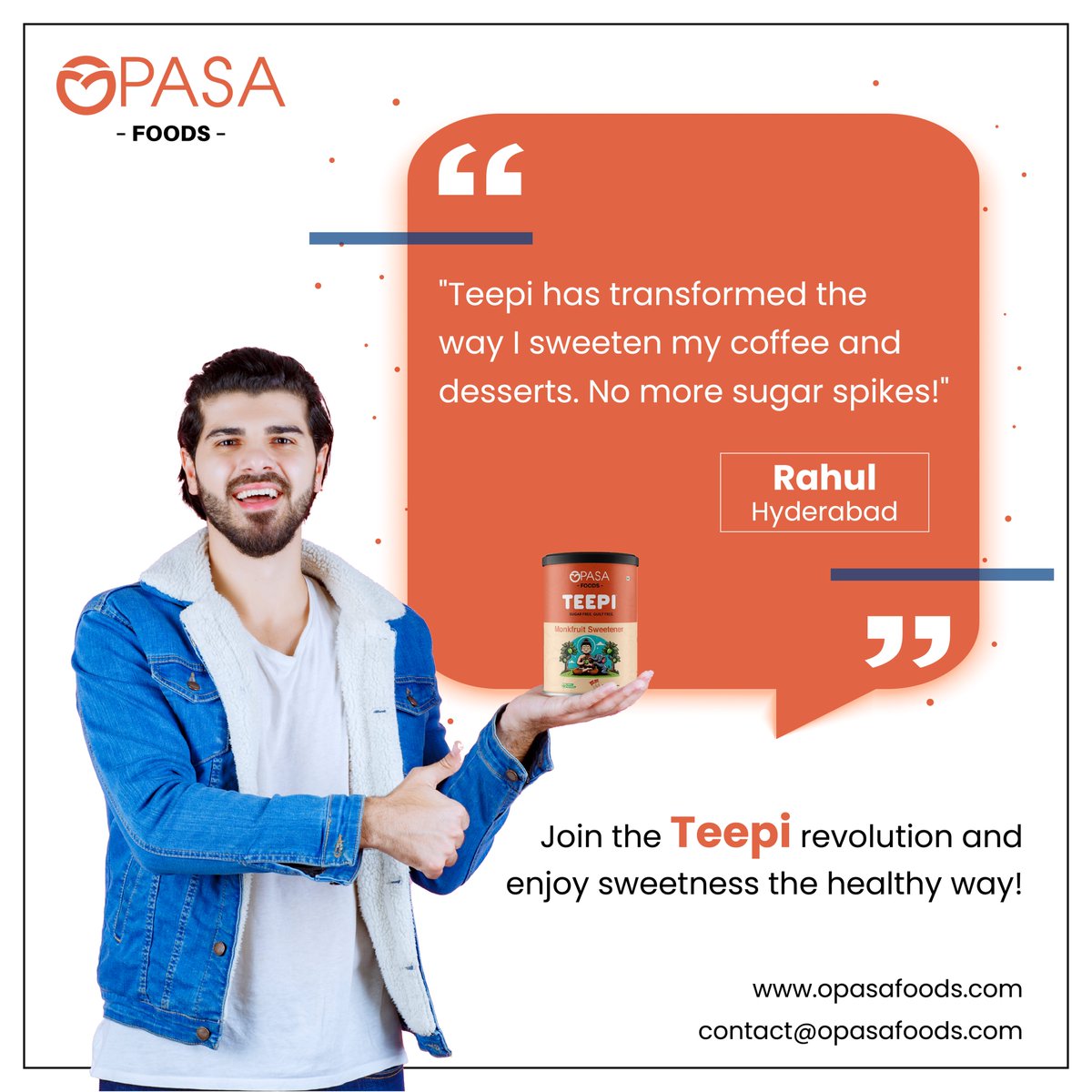 OpasaFoods's tweet image. 🌟 Customer Spotlight 🌟

Rahul from Hyderabad shares his love for Teepi! 🌿✨

&apos;Teepi has transformed the way I sweeten my coffee and desserts.
No more sugar spikes!&apos;

#opasaFoods #teepi #healthysweetener #customerreview #nomoresugarspikes #healthylifestyle #naturalsweetener