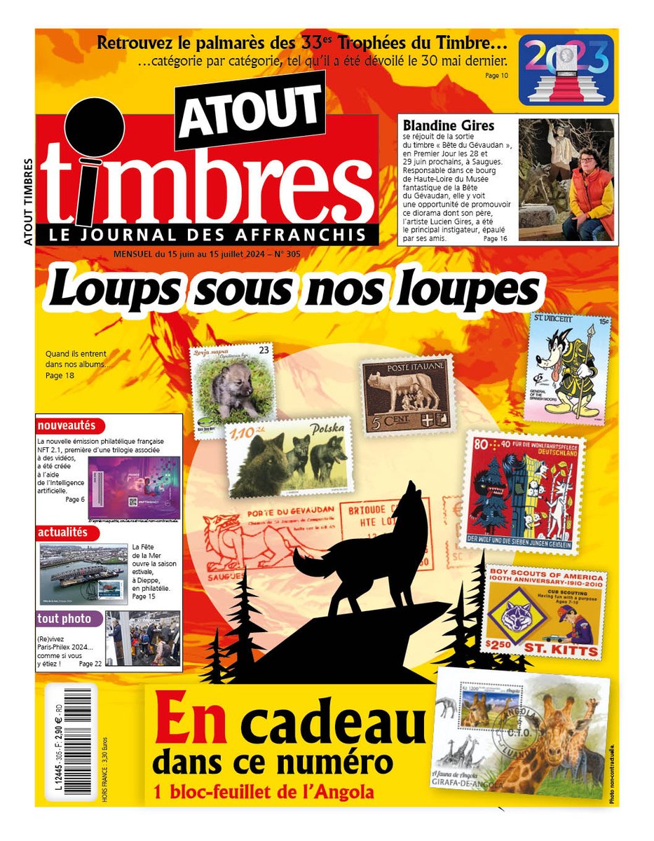 Sophie_2Leko's tweet photo. Un #ATOUT timbres fantastique comme le #musée de la Bête du #Gévaudan, à #Saugues, et sa responsable Blandine #Gires, ici interviewée. À lire : une thématique sur les #loups, le CR de Paris-#Philex, le palmarès des Trophées du #Timbre et celui de l'Open Sport #philatélique. https://t.co/mGaKTAfL8C