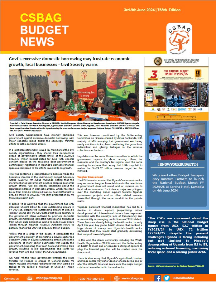 CSBAGUGANDA's tweet photo. As a build up to the National Budget speech scheduled for this Thursday, 13th June 2024,Civil Society Organisations jointly issued a press statement  yesterday where we shared our perspectives on the just approved  FY 2024/25 Budget.

Please visit our website for  our Weekly E-news letter details on what transpired at the Press conference via https://t.co/2HrYuSXry8

Also see the full detailed press statement here https://t.co/AoqXv75HWt

#UGBUdget24 #KnowYourBudget24 @UgWils @JuliusMukunda @ISERUganda @mofpedU @FRAUGANDA @SeatiniU @Rita_Arinaitwe @SEATINIUGANDA @AngellaNabwowe