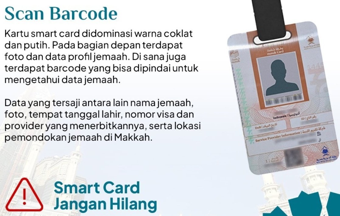 Smart card akan mulai digunakan sejak jemaah menuju ke Arafah pada 8 Dzulhijjah atau 14 Juni 2024.

Jemaah haji Indonesia akan melakukan proses scan barcode Smart Card terlebih dahulu sebelum naik ke bus.

Haji Indonesia
#Haji2024