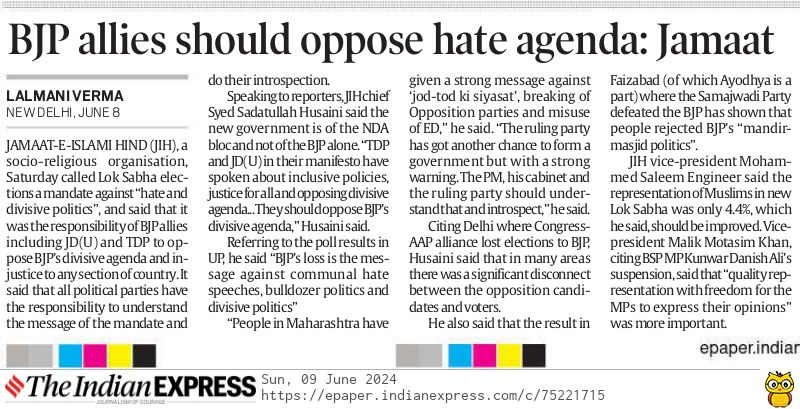 JIHMarkaz's tweet photo. BJP Allies Should Oppose Hate Agenda: Jamaat e Islami Hindi 

@sadathusaini @IndianExpress @LalmaniVerma838 

#LokSabhaElectionResult2024 https://t.co/4raFMBPe7F