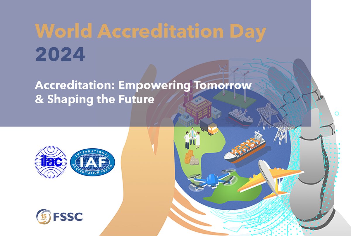 9 June is World Accreditation Day. 
The theme for #WAD2024 is Accreditation: Empowering Tomorrow and Shaping the Future. Read more on our website here: fssc.com/insights/world…

#SDGs #FSSC22000 #FSSC24000 #GFSI #IAF #ISO #foodsafety #socialresponsibility #certification #IMS #FSMS