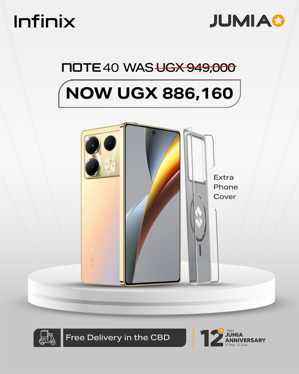 infinixuganda's tweet photo. To celebrate the @JumiaUG anniversary, the #NOTE40 is on promo for you to grab one or two while stocks last. Click here to order online - https://t.co/plSdh8HbM8. It comes with a free magnetic cover and free delivery within CBD. https://t.co/GnrW7k1C81
