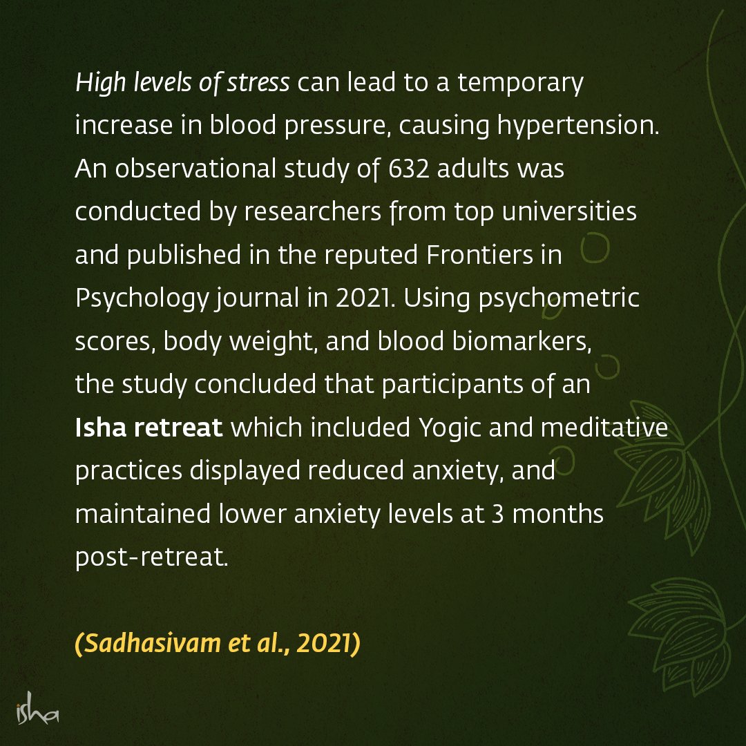 Stress, tension and anxiety need not be a part of our lives. Yogic practices offered by Isha have been scientifically proven to reduce stress and promote physical and mental wellbeing.

Sadhasivam, S. et al. (2021, May 19). Isha Yoga Practices and Participation in Samyama Program