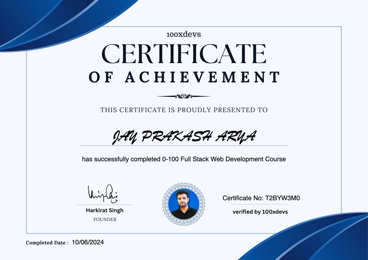 Completed an intensive 0-100 web development course. Excited to further enhance my knowledge by continuing his advanced courses and apply these skills to drive innovation in my professional journey.<a href="/100xDevs/">100xDevs</a> <a href="/kirat_tw/">Harkirat Singh</a>