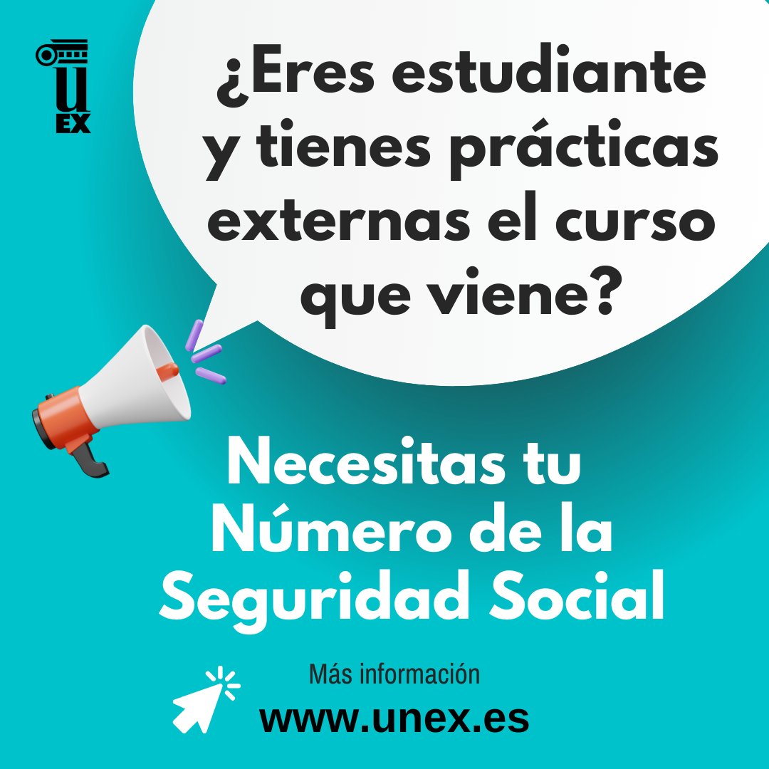 ✅¿Eres estudiante y tienes prácticas externas el curso que viene?

⚠NUSS para las prácticas Externas⚠

Si comienzas el curso 24-25 con prácticas externas, es imprescindible solicitar  tu número de la seguridad social antes del 26 de julio

Info:
unex.es/organizacion/g…