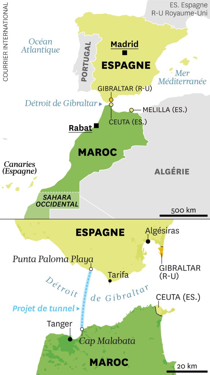 🇪🇸🇲🇦 "Comment couvrir les 14 kilomètres qui séparent l’Espagne et le Maroc ? Deux solutions ont été envisagées – un pont ou un tunnel –, et finalement l’option retenue a été la construction d’un tunnel sous-marin ferroviaire", explique  El Independiente
courrierinternational.com/article/transp…