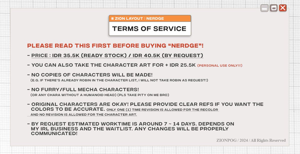 (🩷/🔄) OPEN REQUEST : NERDGE

- DM mulai tanggal 10/06 jam 20.00! Test DM sampai 19.50 
- DM nya bilang aja "mau req!"
- 1 person = 1 layout
- NO jaswar/titip!
- Slot req : 15 ONLY!
- I adjusted the price a tiny bit due to QRIS fee 🙏🏼
- Sisanya baca pic ke 3 ya!

#ZIONLayout