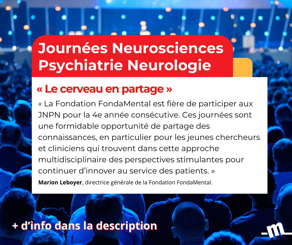 📆 Les 13 et 14 juin 2024, la Fondation FondaMental sera présente au Palais des Congrès de Paris, à l’occasion des Journées Neurosciences Psychiatrie Neurologie (JNPN) 2024.
fondation-fondamental.org/la-fondation-f…

#santémentale #psychiatrie #JNPN #JNPN2024