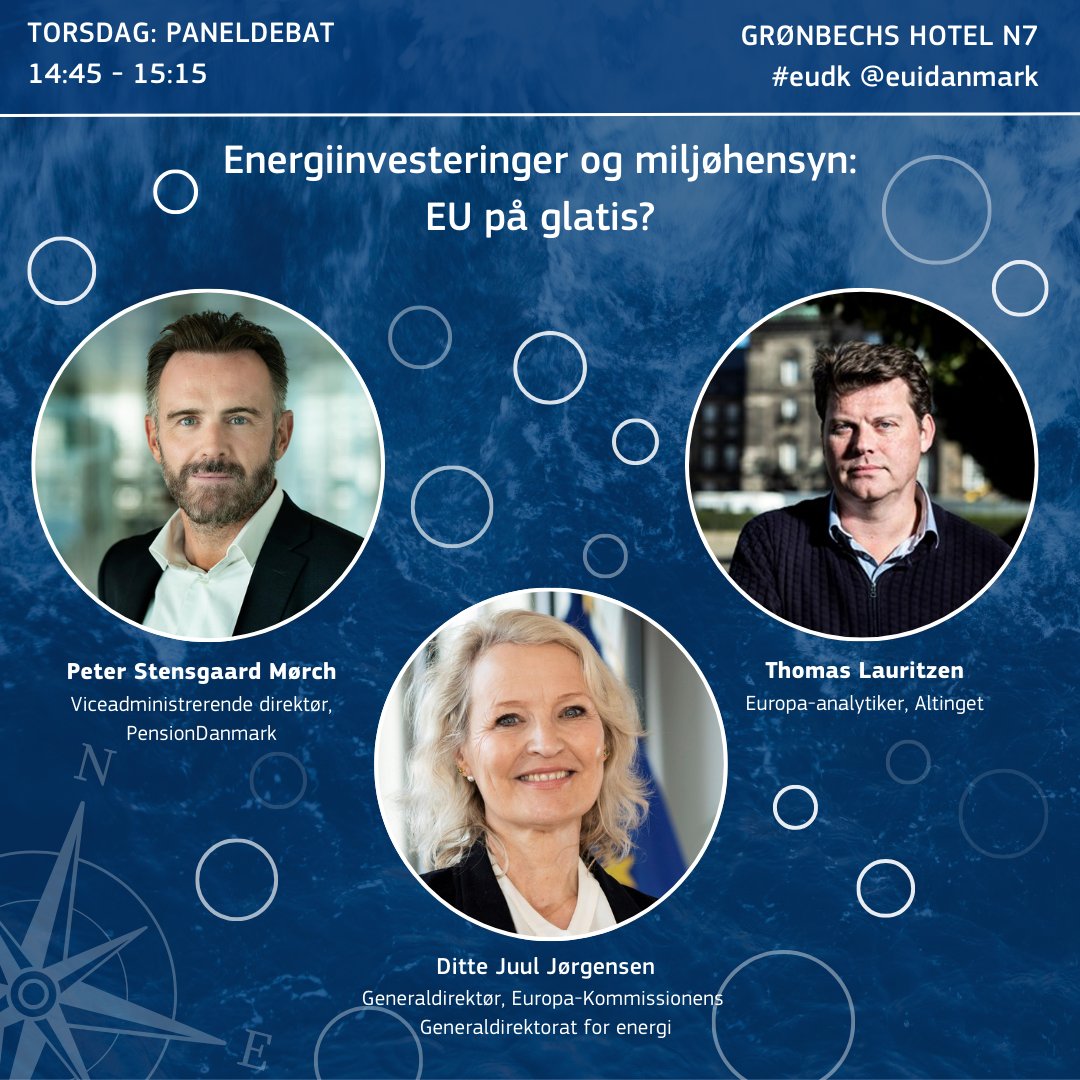 euidanmark's tweet photo. 💡 Er EU på glatis?

Hvordan sikrer vi økonomisk vækst og holder den grønne klimakurs? Generaldirektør @JorgensenJuul, vicedirektør @PSMoerch og analytiker @LauritzenEuropa tegner et billede af fremtiden.

📅Torsdag kl. 14.45
📍N7, Vinklen
🔗 https://t.co/VwoF6WzvxN
#eudk #fmdk https://t.co/vTBhWt09P9