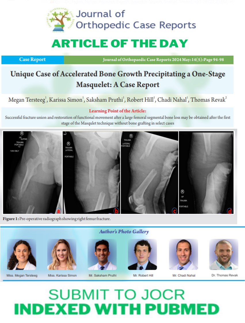Ortho_Updates's tweet photo. 🔰JOCR   Article of the Day: Unique Case of Accelerated Bone Growth Precipitating a   One-Stage Masquelet: A Case Report   https://t.co/3RsFWCJHxX 
✅JOCR Now accepting Original   Articles and Case series too– https://t.co/PtndWJ5zI5    🔆JOCR Indexed with   Pubmed https://t.co/9j2FQzACSC