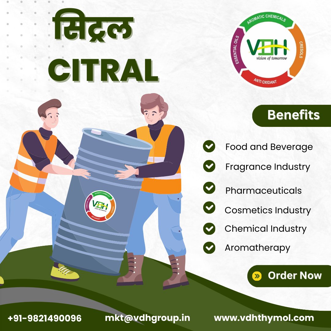 vdhorganicspltd's tweet photo. Citral, a prominent component of lemon-scented essential oils, is widely used in various industries, from perfumery to pharmaceuticals. 

#Citral #EssentialOils  #Aromatherapy #Skincare #DIYBeauty #HomeFragrance #pharma #chemical #Cosmetics #Food #Beverage #Fragrance https://t.co/ju0uExDXkq