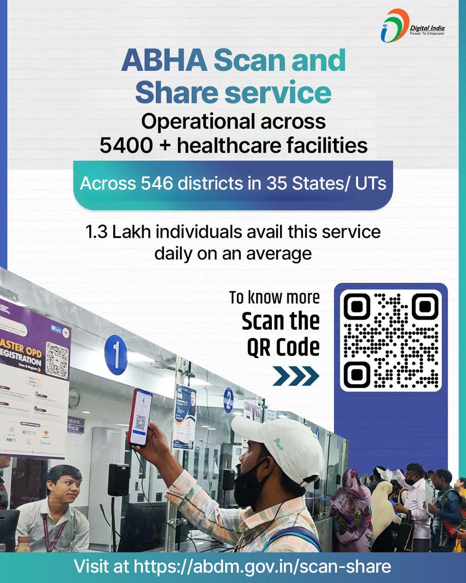 GoI_MeitY's tweet photo. The #ABHA Scan and Share service enables patients to conveniently register for OPD appointments by scanning a QR code displayed at the OPD registration counter, thereby instantaneously sharing their ABHA profile for registration. 

#AyushmanBharatDigitalMission @AyushmanNHA https://t.co/avF98PltiJ