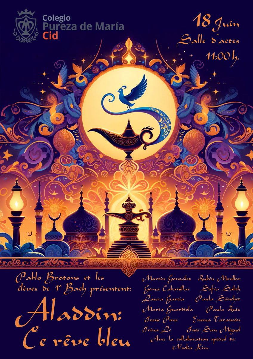El alumnado de francés de 1º BTO ha preparado durante este curso una adaptación del musical #Aladdin. El estreno será el próximo martes 18 de junio para todos los alumnos de francés del cole. C'est une grosse émotion!👏🇫🇷🪔 

#pureza #pmaria #pmariacid #DeLoBuenoLoMejor