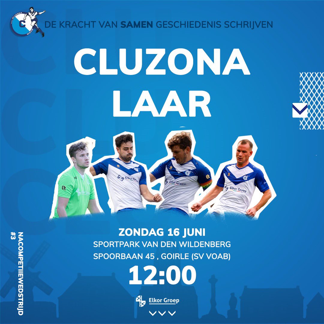 Op naar de finale… 💙🤍

Aanstaande zondag om 12:00 speelt Cluzona de finale om promotie tegen SV Laar uit Weert. De wedstrijd wordt gespeeld op het sportpark van VOAB in Goirle. 

Er zal een bus rijden vanuit Wouw. Vandaag zal hoe aan te melden gedeeld worden via de socials..