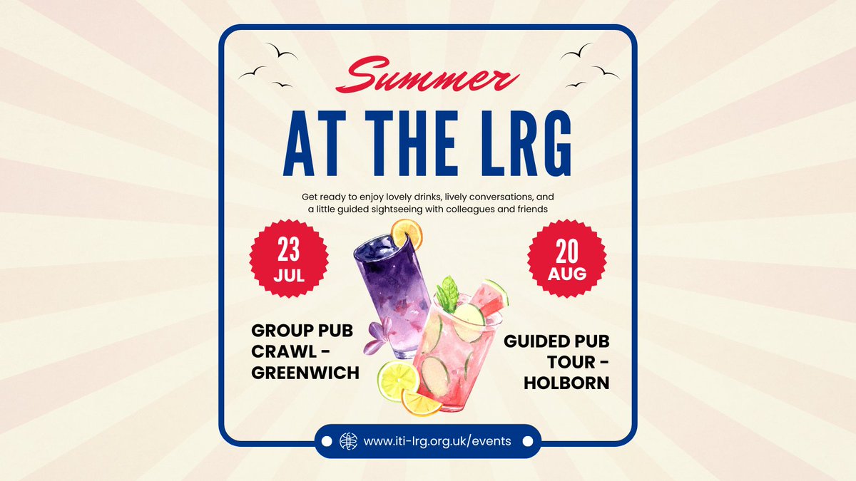 Come join us for a summer of networking and friendly catch-ups!  

JULY: Group Pub Crawl in Greenwich - eventbrite.co.uk/e/greenwich-lr… 

AUGUST: Guided Tour of Historic Pubs in Holborn - eventbrite.co.uk/e/lrg-historic…

#translators #interpreters #networking #summerevents