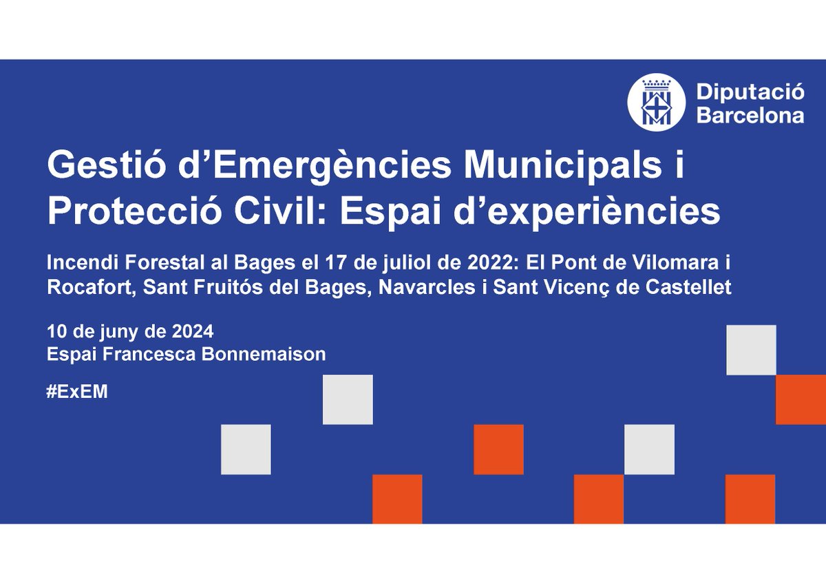📸Comença la Jornada sobre "Gestió d'Emergències Municipals i Protecció Civil: Espai d'experiències". Dedicat a l'Incendi Forestal al Bages l'any 2022, al Pont de Vilomara i Rocafort, Sant Fruitós de Bages, Navarcles i Sant Vicenç de Castellet #ExEM