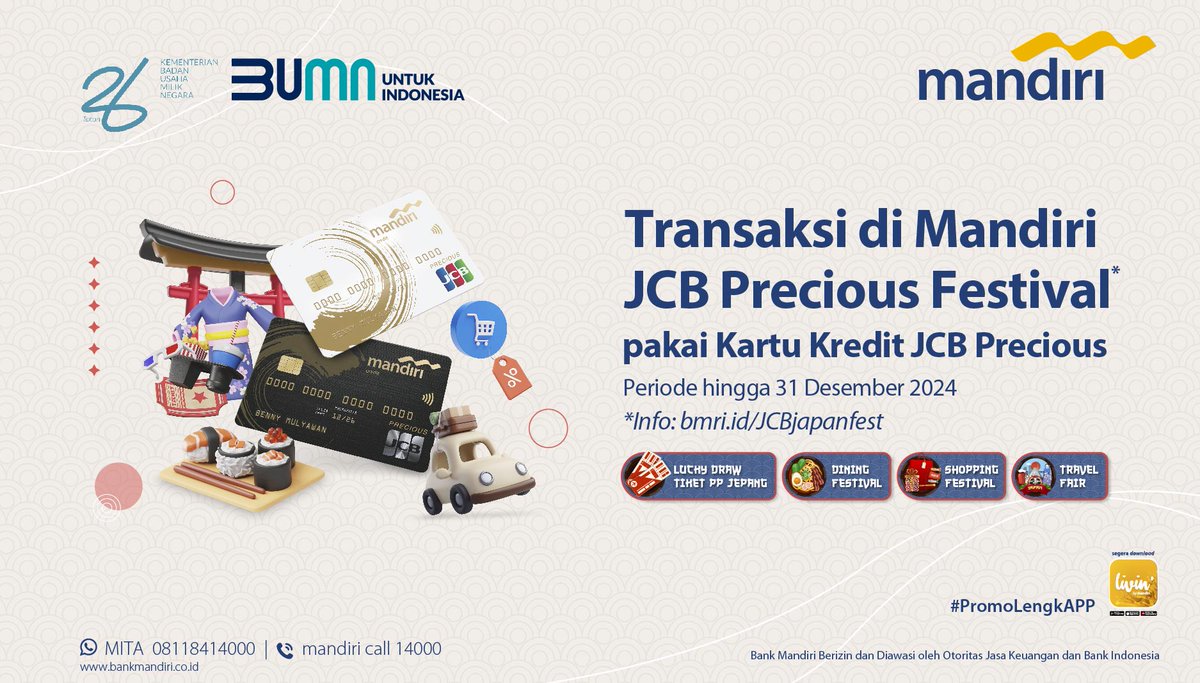mandiricard's tweet photo. Dapetin tiket ke Jepang, yuk!
Kamu bisa menangkan tiket PP ke Jepang dengan meningkatkan transaksi pakai Mandiri Kartu Kredit JCB Precious nih.
Program berlangsung hingga 31 Desember 2024.
Info: https://t.co/eED7z9GGd0
#MandiriKartuKredit
#PromoLengkAPP
#BankMandiri https://t.co/ulApmX8OPe