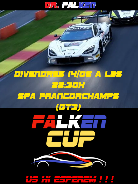 Aquest divendres última cursa de la #FalkenCUP!!

S'esperen emocions fortes ... d'aquesta cursa sortida el nou campió del campionat. 

Veniu a gaudir de la gran final!! 

Ens podeu seguir via Twitch   twitch.tv/DrFalken