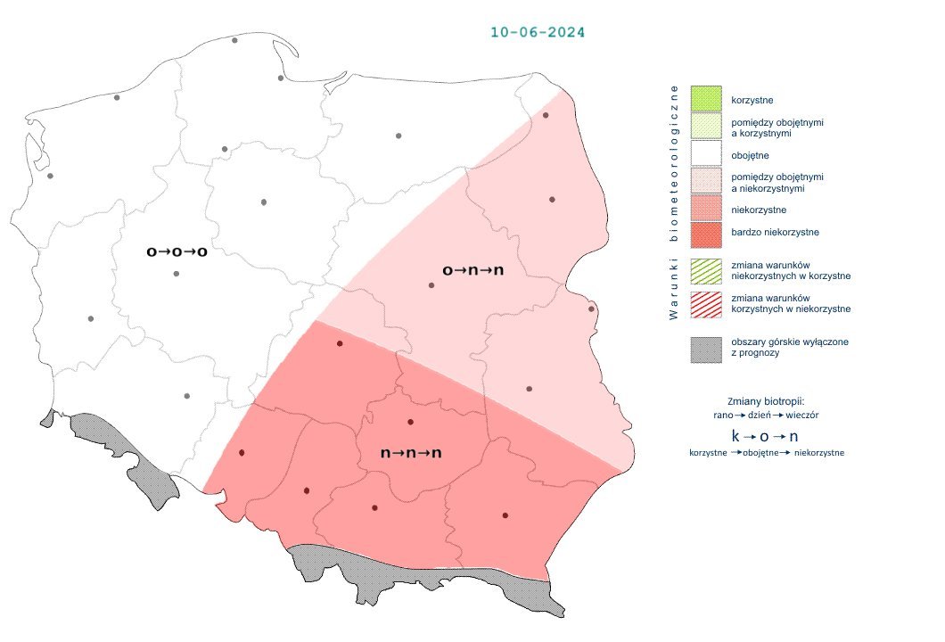 IMGWmeteo's tweet photo. ⛈️W południowo-wschodniej połowie kraju będą dominowały niekorzystne warunki biometeorologiczne. ↔️Na pozostałym obszarze Polski biotropia pogody będzie obojętna. 
💨Polska nadal będzie w powietrzu polarnym morskim. 
▶️https://t.co/zjCV56Juhd

#IMGWmeteo #biomet https://t.co/HdNpfwLs9W