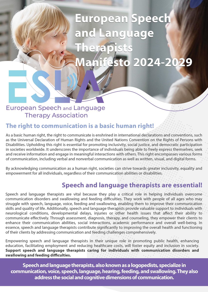 ESLAEurope's tweet photo. European Speech and Language Therapist Manifesto 2024-2029

https://t.co/aWOC9SIGHd

#esla2024 #eslaeurope #speechtherapy #speechpathology #slt #slp https://t.co/OC47IQIHgJ