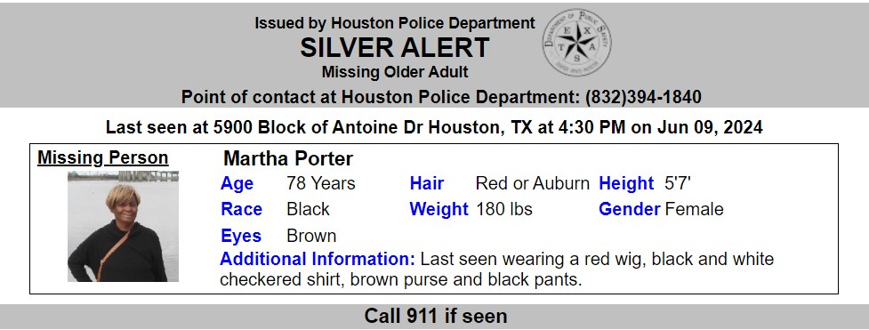 TX_Alerts's tweet photo. ACTIVE SILVER ALERT for Martha Porter from Houston, TX, on 06/10/2024 https://t.co/DYTdAWiQNJ