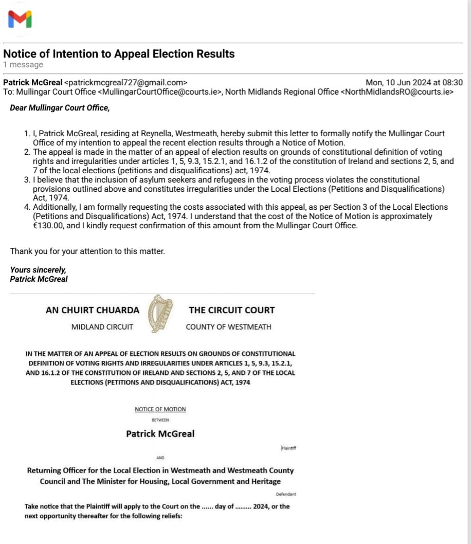PSIA1851's tweet photo. Ensuring Integrity in Irish Elections: A Call for Legislative Review;

I fully support offering refuge to genuine asylum seekers and refugees. It's our moral obligation and reflects Ireland's core values of compassion and solidarity. However, voting in Irish elections is a right reserved for citizens. It's a cornerstone of our democracy, requiring a solid legal and civic connection to our nation. Asylum seekers and refugees must become citizens before gaining voting rights, after fully integrating into our society. This ensures the integrity of our democratic processes while upholding our duty to protect and support those in need. #RefugeesWelcome #IrishCitizenship

I have asked Mullingar Court Office for the costs associated with this appeal, and I would be grateful for any support in covering these costs. I can draft the applications and bring this action into the Court to have this legislation reviewed and brought in line with the provisions of the Constitution of Ireland.

Reviewing this legislation in a court of justice is crucial because it currently extends voting rights to asylum seekers and refugees in a manner that is ultra vires—beyond the powers granted by the Constitution. According to the Constitution of Ireland, the right to vote in elections is strictly reserved for citizens. Any extension of this right must be explicitly legislated by the Oireachtas, not through administrative regulations.

Ensuring that our laws align with the Constitution is fundamental to maintaining the rule of law and the integrity of our democratic system. By bringing this issue before the Court, we can correct any constitutional discrepancies, thereby reinforcing the sovereignty and democratic principles of our nation. It is vital that only those with an established legal and civic relationship with the state participate in the electoral process, safeguarding the legitimacy and fairness of our elections.