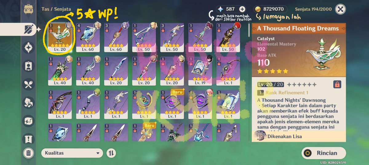WANT TO SELL / WTS. 

✴︎ Early to mid game Genshin Impact account.
✴︎ AR 45, ASIA, belum ascend WL, rate off.
✴︎ Characters and weapons attached on pict.
✴︎ More info on ALT, feel free to DM me!
💸 ₊  IDR 160K (Nego allowed!)