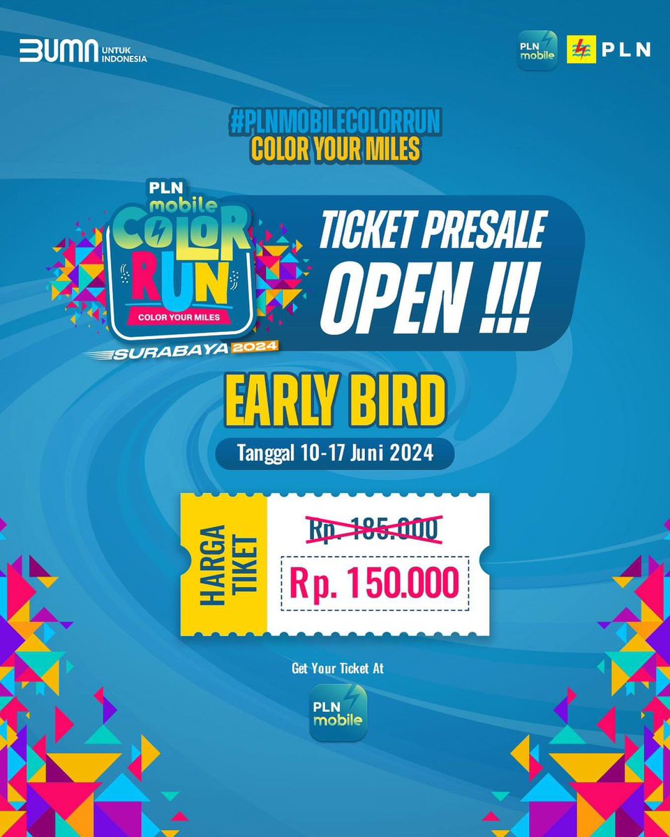 BagusSr86's tweet photo. Spesial Early Bird 

Electrizen dapatkan harga untuk tiket Color RUN PLN Mobile 
mulai tanggal 10-17 Juni 2024. Dari harga Rp 185.000, kamu cukup membayar Rp 150.000! 
Dapatkan tiketmu sekarang di Aplikasi PLN Mobile! 

#PLNMobile
#SemuaMakinMudah
#ColorRun2024
#ColorRunPLNMobile https://t.co/MroK0U8DzT