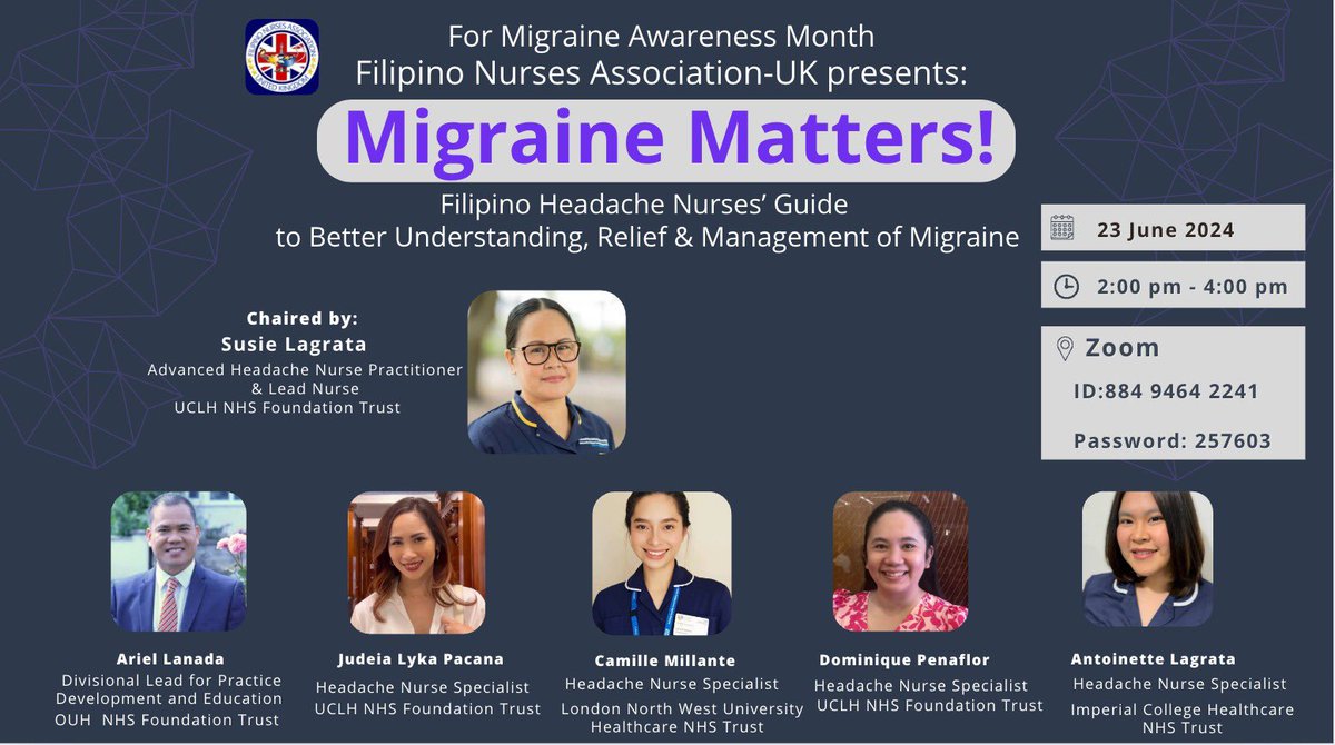 Filipino Nurses Association UK (@filipinonurseuk) on Twitter photo SAVE THE DATE!
Study showed that in the NHS alone, approximately 46,000 work days are lost due to headaches &migraine.
This migraine awareness month, FNA-UK is holding a #MigraineMatters webinar led by our very own <a href="/SusieLagrata/">Susie M. Lagrata</a>, a leading and award-winning headache nurse. SAVE THE DATE!
Study showed that in the NHS alone, approximately 46,000 work days are lost due to headaches &migraine.
This migraine awareness month, FNA-UK is holding a #MigraineMatters webinar led by our very own <a href="/SusieLagrata/">Susie M. Lagrata</a>, a leading and award-winning headache nurse.