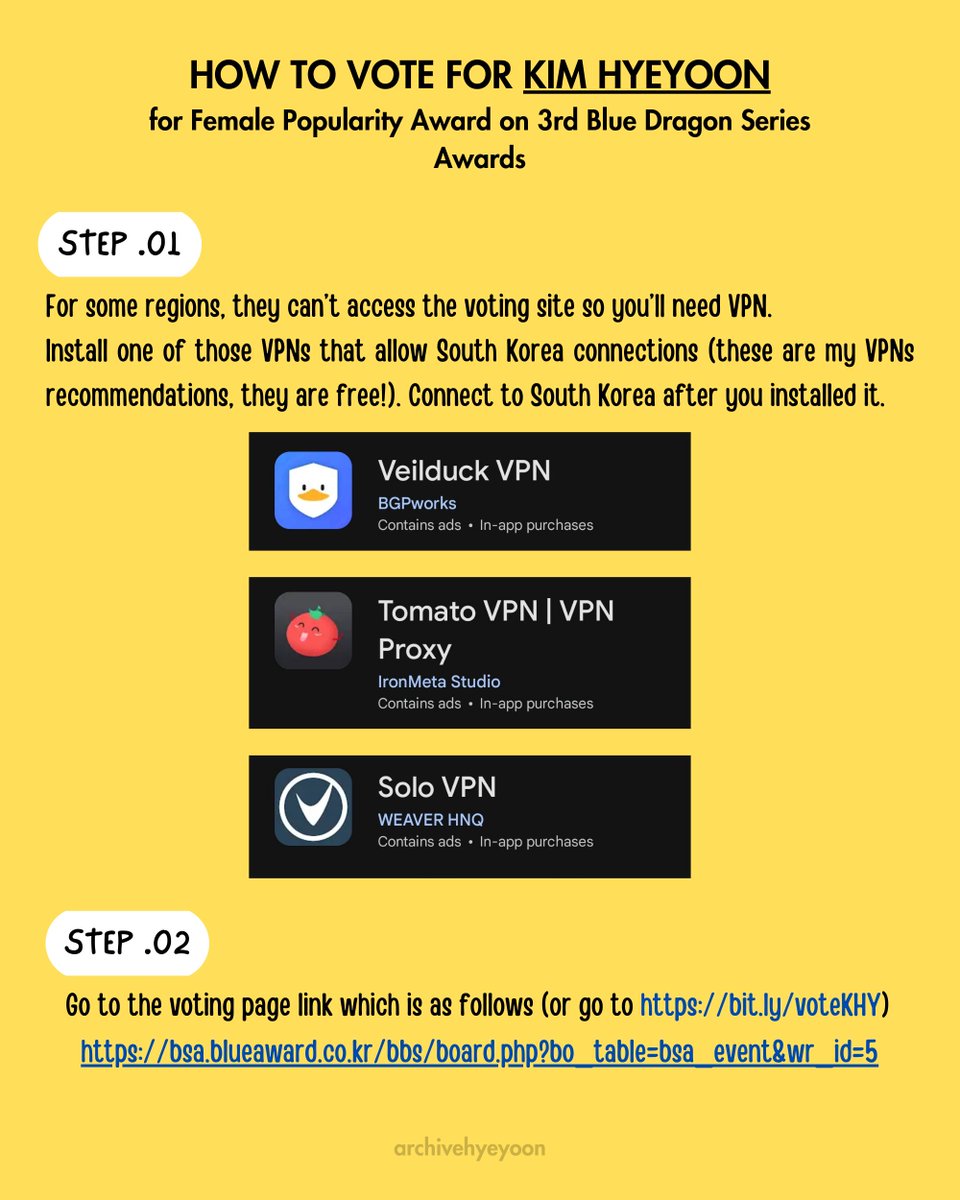 archivehyeyoon's tweet photo. Voting Tutorial for Kim Hyeyoon for Popularity Award on 3rd Blue Dragon Series!

Step 01. Install your VPNs if you can't access the voting link. Here are our recommendations of free SK VPNs

Step 02. Save this link: https://t.co/LVLNFkpODT or go to https://t.co/oEkDWiozh5 https://t.co/0kfSea8Iep