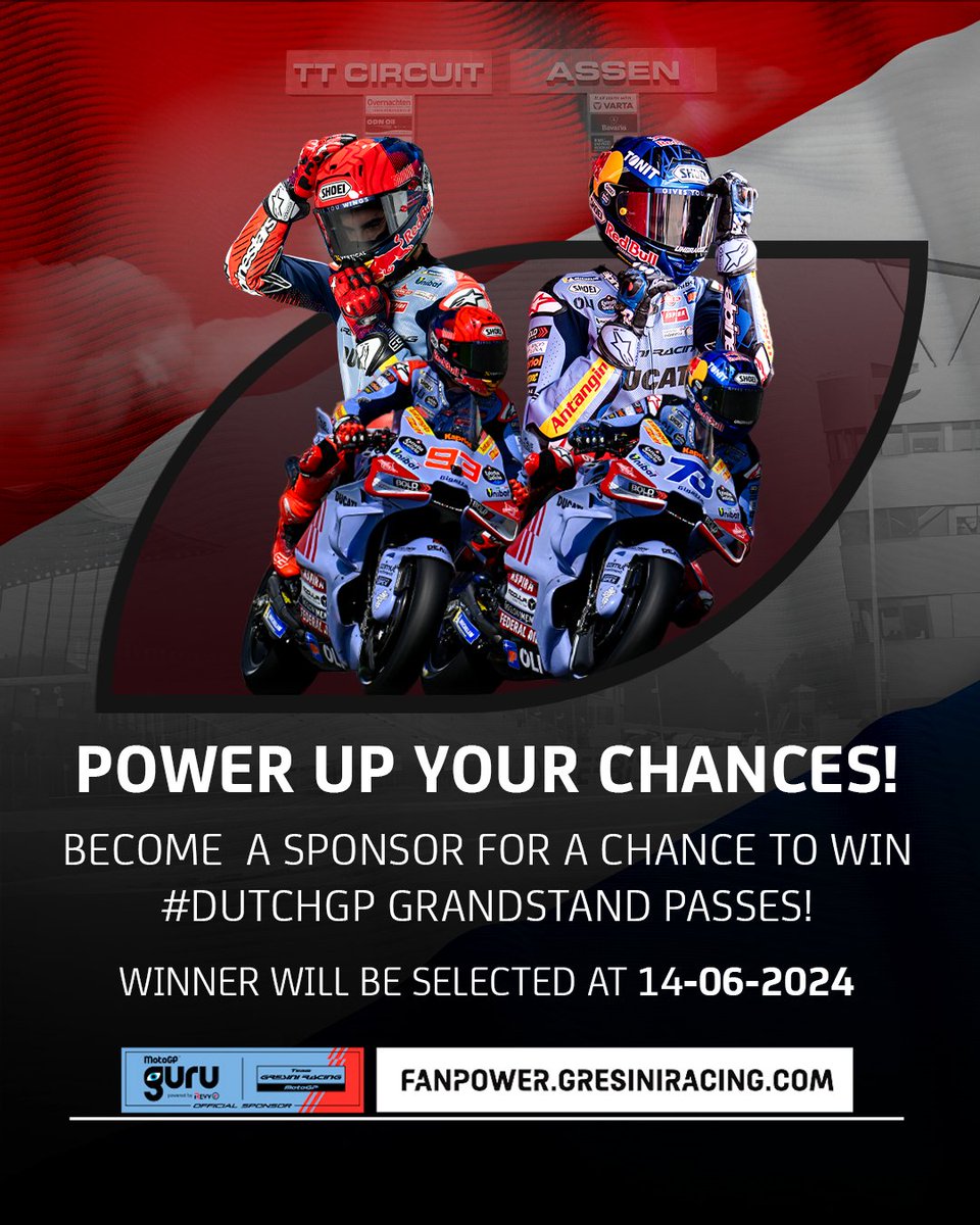 Boost your chances for #DutchGP passes and enjoy top-notch MotoGP™ perks as a sponsor!
Secure your sponsorship package today and maximize your experience! 🏁 fanpower.gresiniracing.com

#MotoGP #MotoGPGuru $REVV #Racing #Motorsport #Motorcycle #GrandPrix #Explore #Experience
