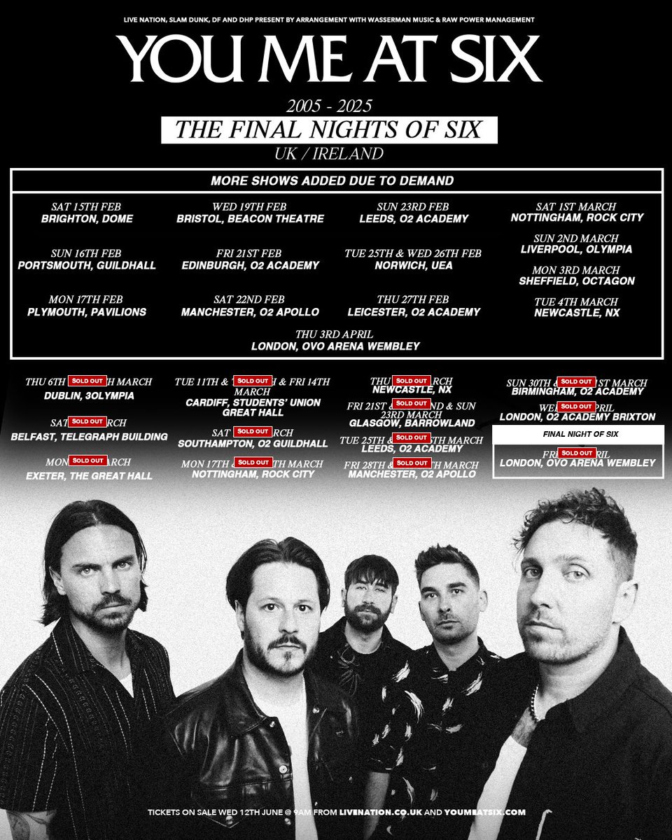 youmeatsix's tweet photo. You Me At Six are your band and always will be. 
These are The Final Nights Of Six. This is it. 
Sixersforlife pre-sale is now LIVE. 
General sale begins 9am on Wednesday 12th. 
Thank you all 🖤🖤 https://t.co/tAOKfk1LN6