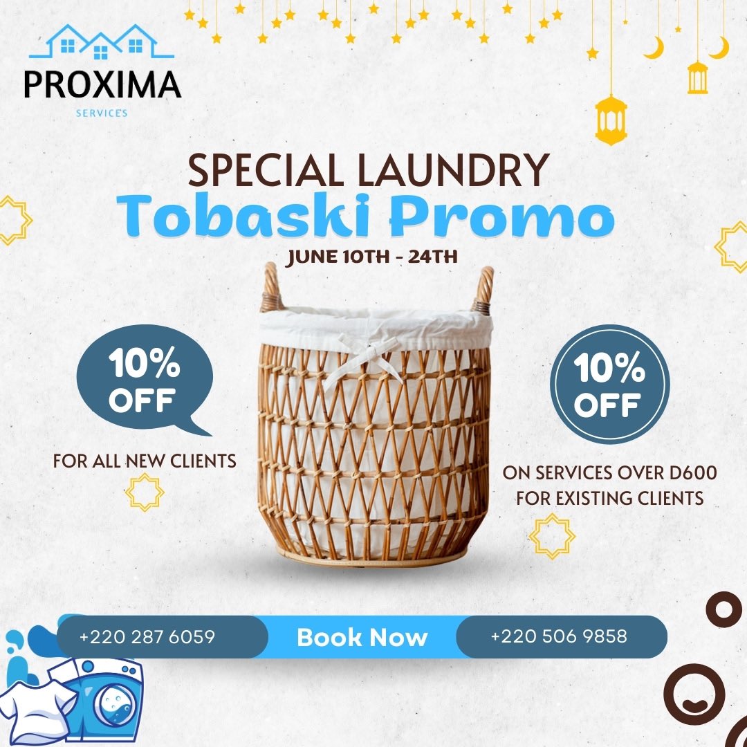 Tobaski laundry blues? Proxima Services can help! Get 10% off ALL laundry services throughout the season. New &amp; existing clients welcome! Call +220 287 6059 or +220 506 9858. Offer ends June 24th!
#Gambia #LaundryService #ProximaLaundry