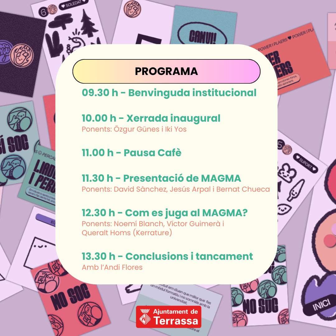 MAGMA, un joc per a fomentar el diàleg i la reflexió sobre la diversitat en les relacions afectives. 
Si treballes amb joves et conviden a la presentació d'aquest joc innovador. 
✍️ Inscripcions i més informació
 terrassa.cat/actualitat-lgt…
<a href="/TerrassaLGTB/">LGTBIA+ Terrassa</a> <a href="/ajtrsgenere/">Polítiques de Gènere</a>