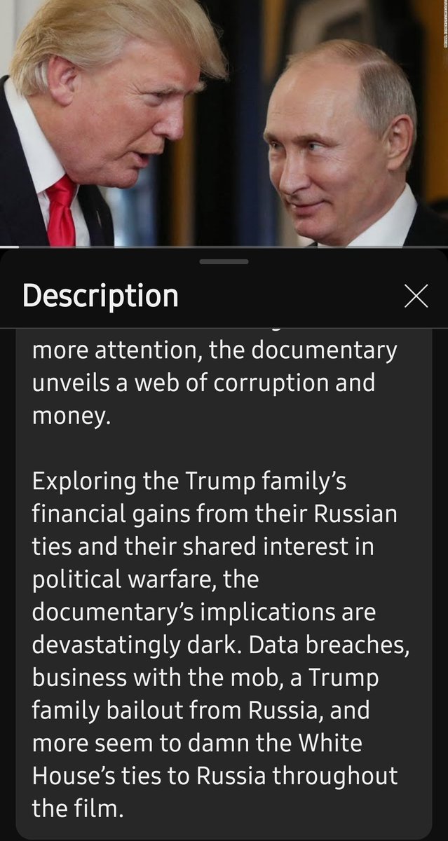 LindaKWS1's tweet photo. ACTIVE MEASURES-
"A follow-the-money documentary traces the corrupt connection between Donald Trump and Russia, which the movie fills in with timely acuity."
#TrumpRussia
#DonaldTrump #Putun
#TrumpRussiaCollusion
The documentary and the trailer is in this THREAD https://t.co/k0jOOHgRo4