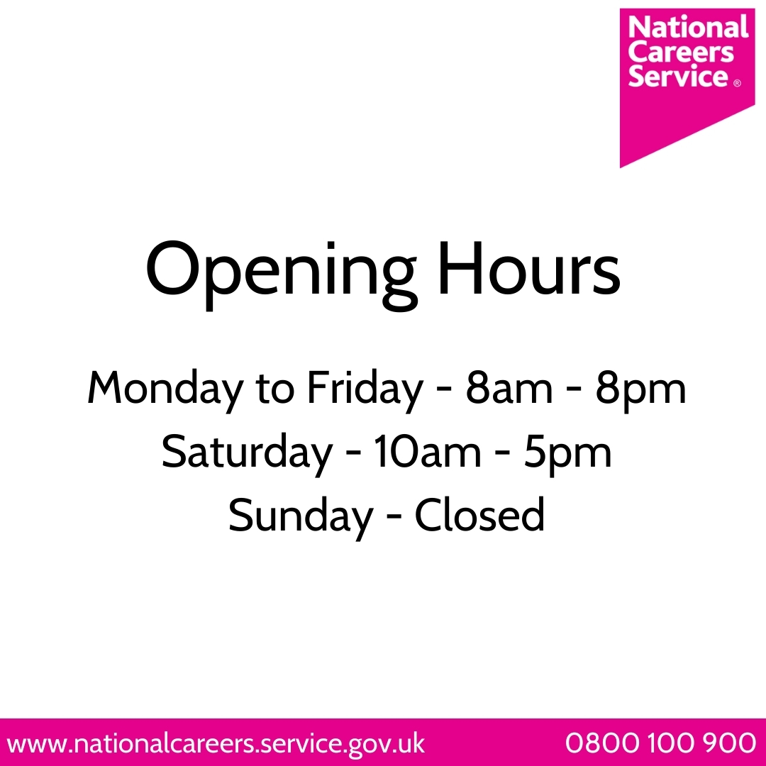 Our careers advisers are available Monday to Friday, 8am to 8pm, and Saturdays between 10am and 5pm. 

You can contact us over the phone, via webchat, or over email ⬇️

nationalcareers.service.gov.uk/contact-us