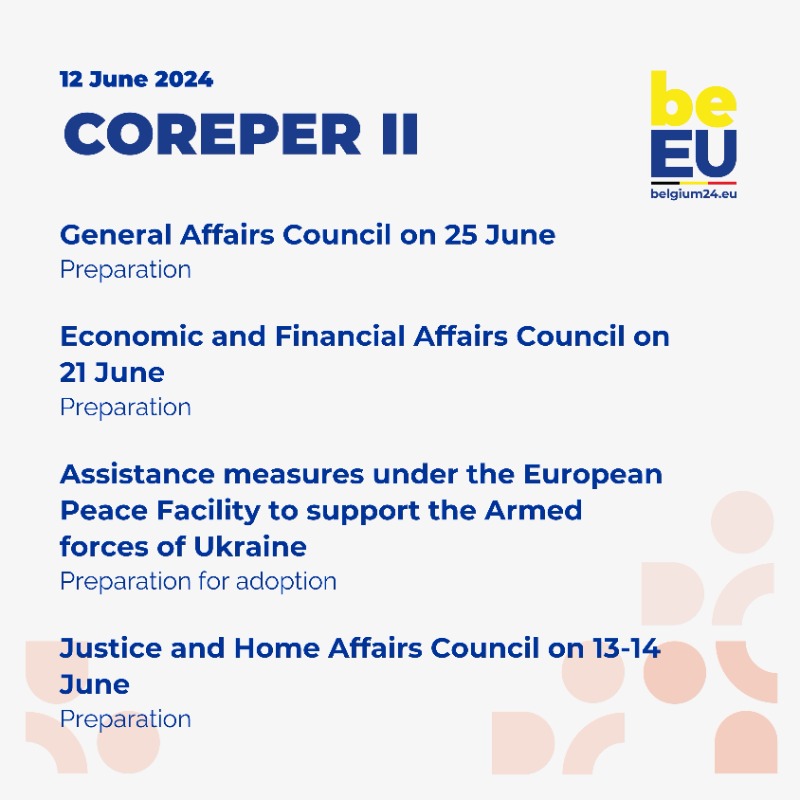 BelgiuminEU's tweet photo. This week's agenda for #COREPERI and #COREPERII.

#EU2024BE