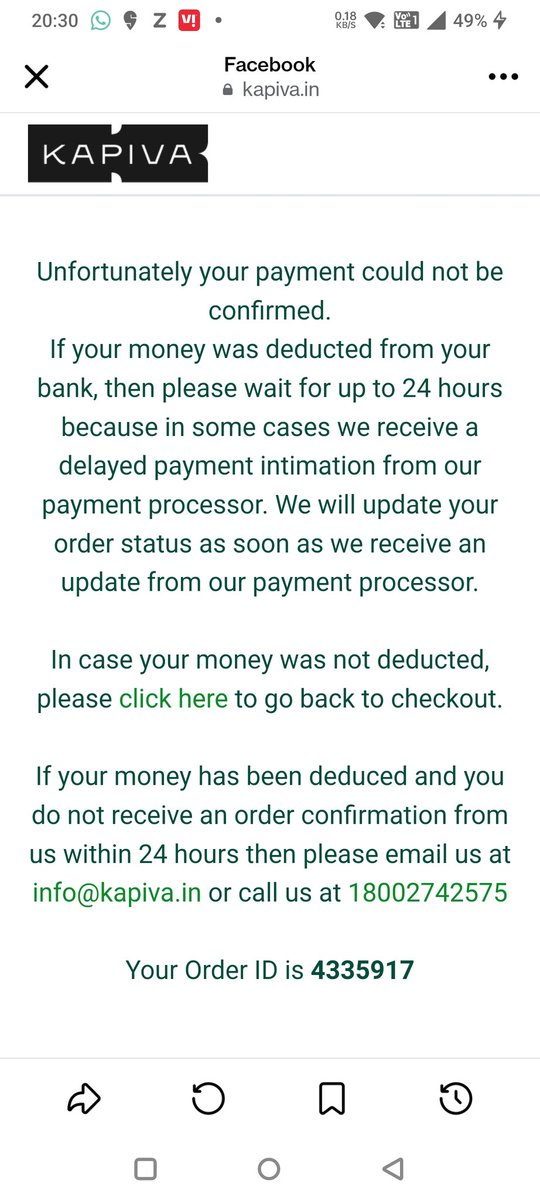 kunder_sujata's tweet photo. @kapiva_official Dear Team 2days back I had ordered product ,product ID 4335917 I have till date not got your confirmation attached is the message rec'd from your office https://t.co/SCuTWb3uPI