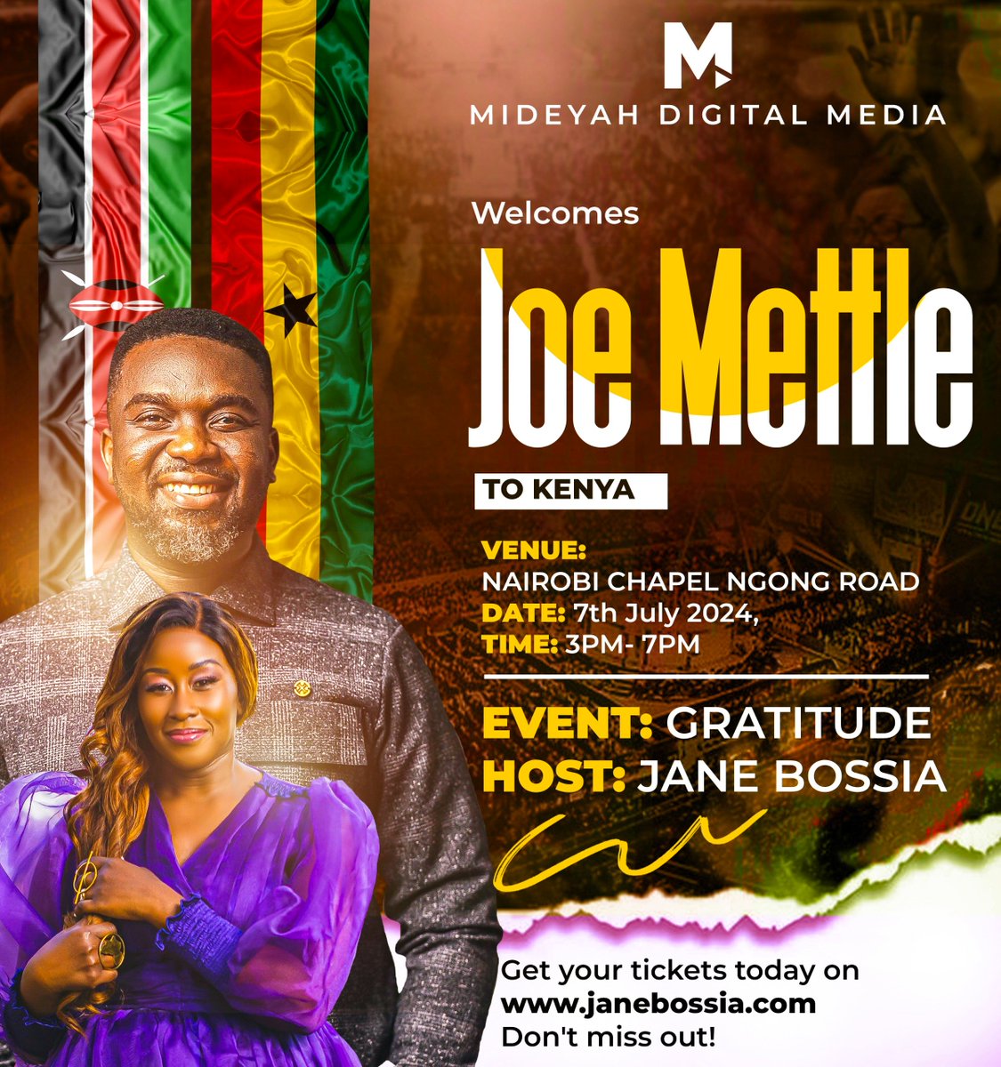 mideyahke's tweet photo. Baraka yaja Kenya!

Ghanaian Gospel star @jmettle is set to visit Kenya this July 7th,2024 for an electrifying performance at Nairobi Chapel.

Get your tickets today on https://t.co/WllwC1PwN8.Don't miss out!
#KaribuKenyaJoeMettle #MideyahDigitalMedia https://t.co/HkvY7c2hmx