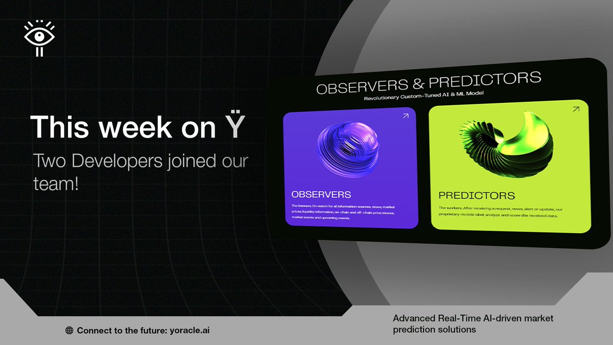 Our team is Growing!

We are glad announce onboarding two senior developers to $YAI development team to accelerate our work on predictors, observers and enhance data structures.

Tam - Senior TS/ML/Python Developer
W - Senior Solidity/Node/C++/ML Developer

Welcome to Ÿ!
