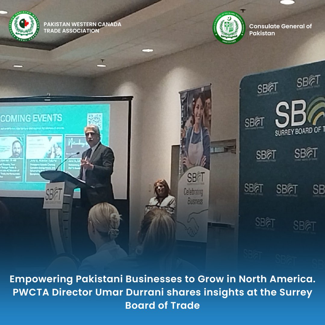 PakistanTradeCA's tweet photo. Our Director, Umer Durrani, recently spoke at the Surrey Board of Trade's "Breakfast in the City" networking event. https://t.co/SRnUJzT6L5