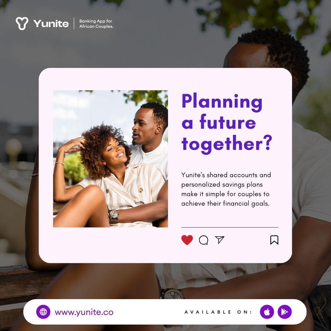 Planning a future together? Yunite's shared accounts and personalized savings plans make it simple for couples to achieve their financial goals. 
Start building your dreams today! 🌟💸
#Yunite #FinancialGoals #CoupleGoals