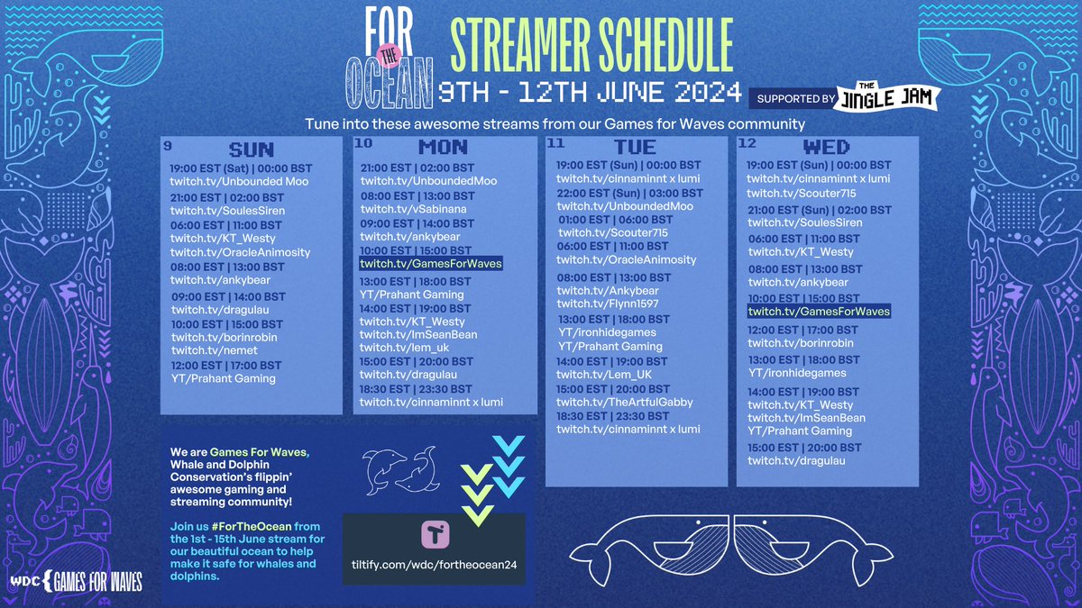 GamesForWaves's tweet photo. We're so excited to share our #ForTheOcean streamer schedule for the 9th - 12th June! 🤩 

The streaming fun still continues. helping make the seas safer for whales and dolphins 💙 

If you're a #streamer, there's still time to join the event 👉 https://t.co/FiIRiS9Qvn https://t.co/EcJgIfoYPZ
